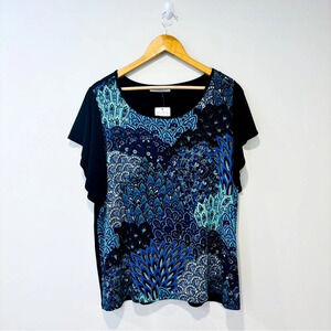 LAURA Blue‎ black floral print flowy blouse top | Elegant chic | Large *